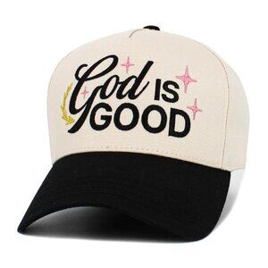 Womens God is Good Baseball Cap Hat in Cream and Black 100% Cotton